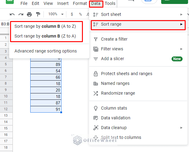 navigating to sort range from the data tab