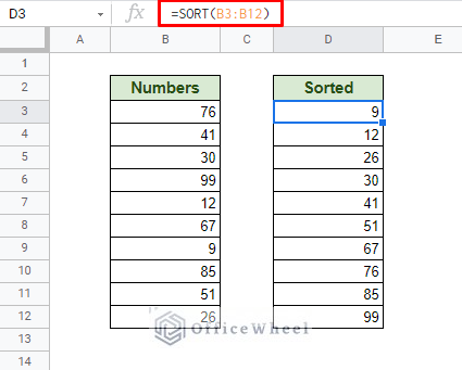 numerical sort using the sort function