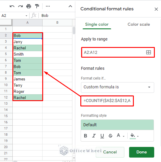 using custom formula in conditional formatting in google sheets