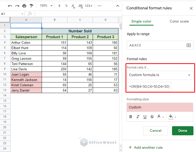 conditional formatting with multiple conditions in google sheets using or function