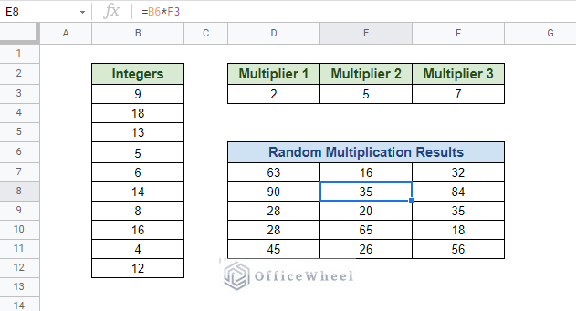 worksheet of randomized multiplication results with formulas