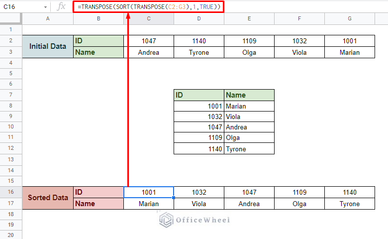 sort by row in google sheets using sort and transpose functions