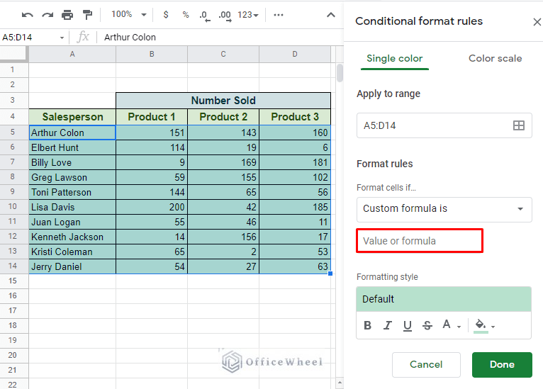 field to apply custom formulas in conditional formatting in google sheets