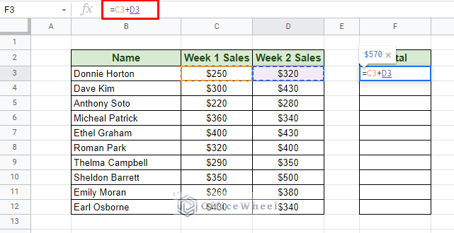 addition using relative cell reference in google sheets