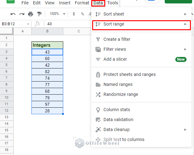 navigating to sort range from the data tab