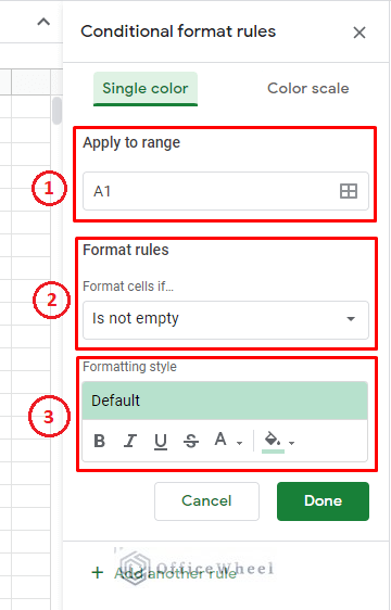 the three sections of single color conditional formatting in google sheets