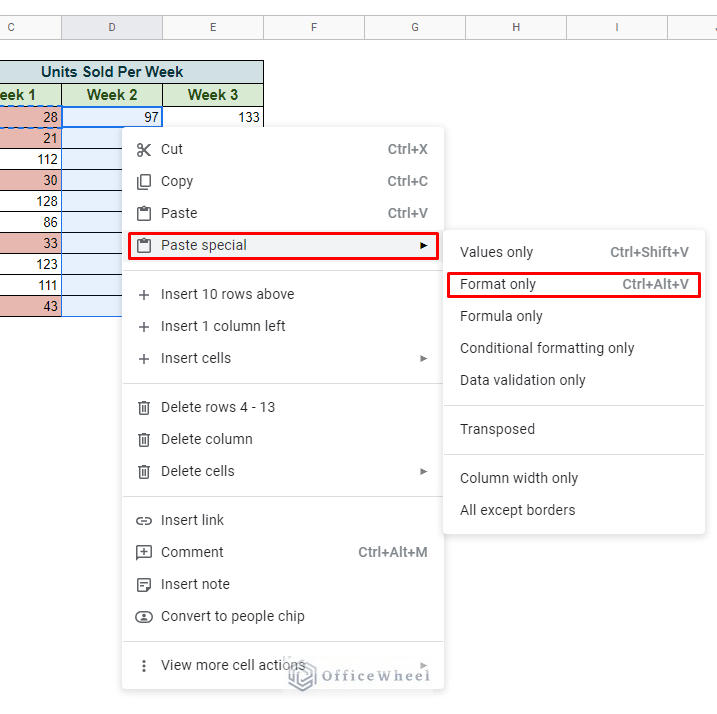 navigating to paste special and format only option