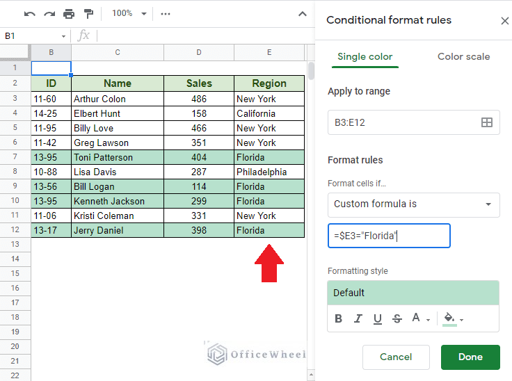 basics of conditional formatting row based on cell in google sheets