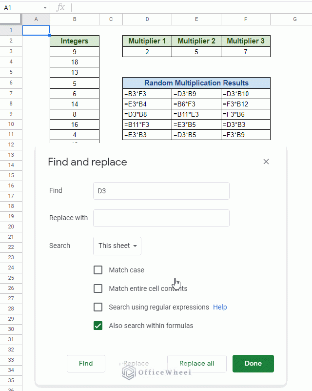 find cell reference in google sheets with find and replace animated