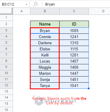 default sorting in google sheets is done from the left