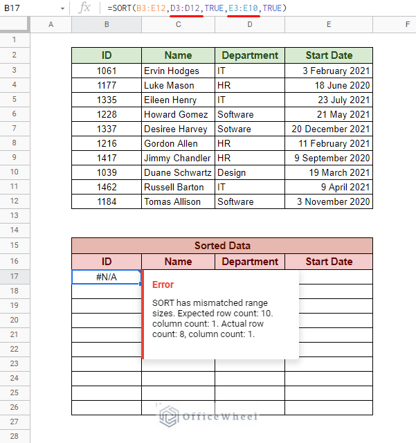 error because of mismatched column range lengths