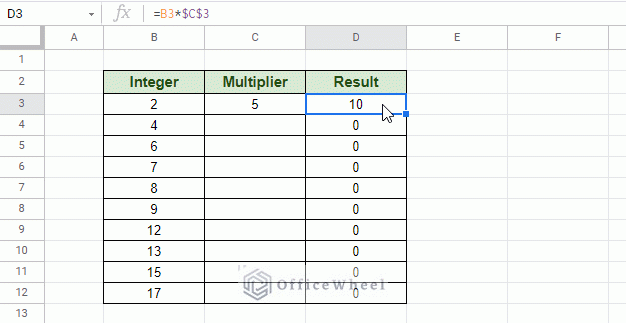 using fill handle on column for variable cell reference in google sheets animated