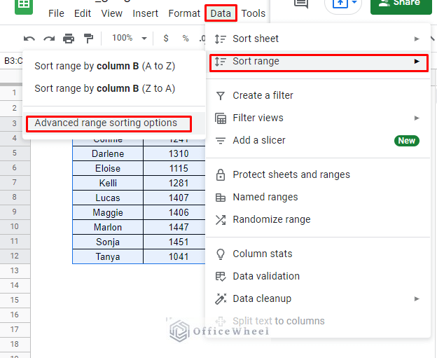 navigating to advanced sort range options from the data tab