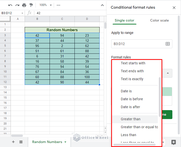all the default formatting rules of conditional formatting in google sheets