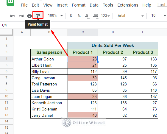 selecting the paint format button