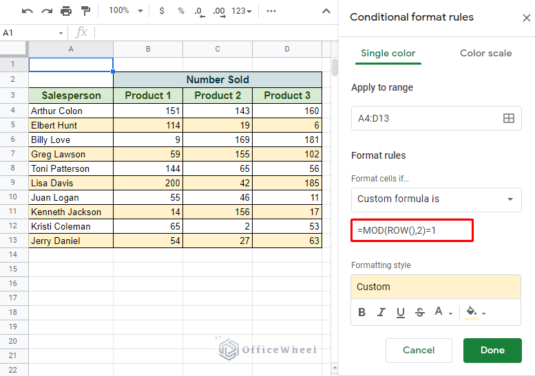 highlighting alternate rows using custom formula conditional formatting in google sheets