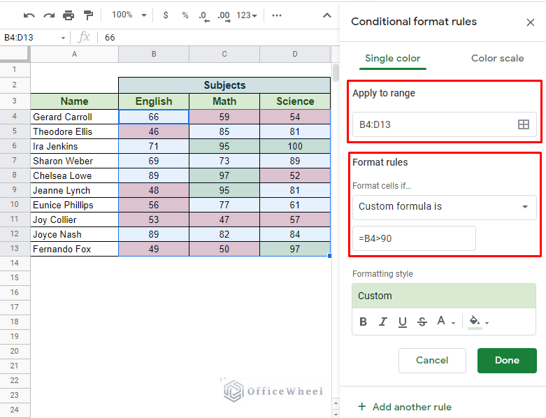 traditional conditional formatting with multiple condition in google sheets
