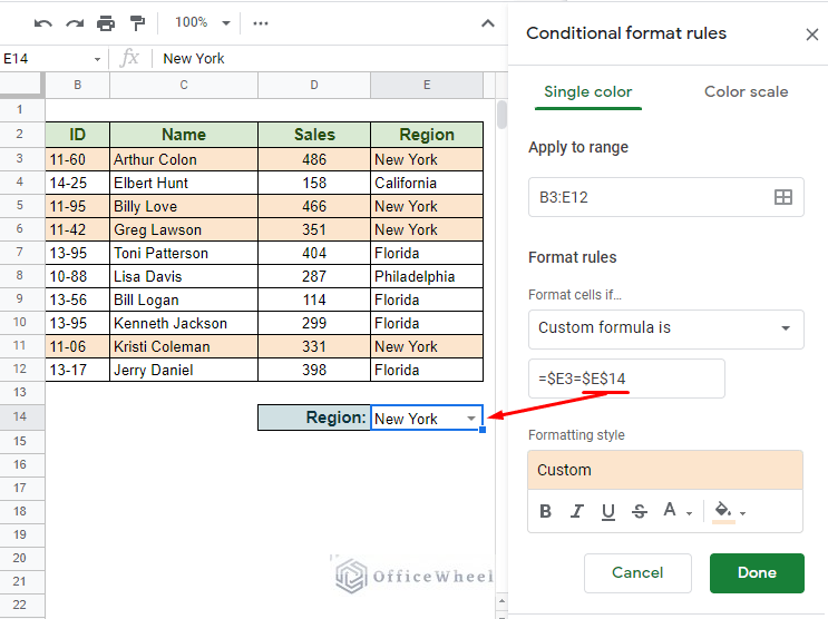 conditional formatting row based on cell reference in google sheets