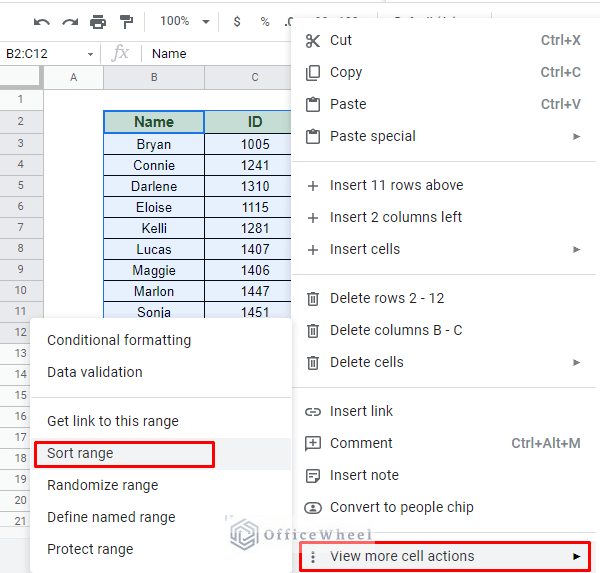 navigating to advanced sort range options by right-clicking