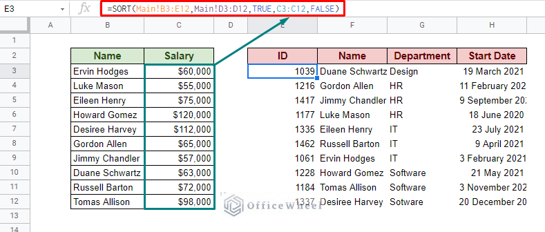 sort function for multiple columns in google sheets from another worksheet and column location