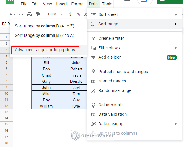 navigating to advanced range sorting options in google sheets