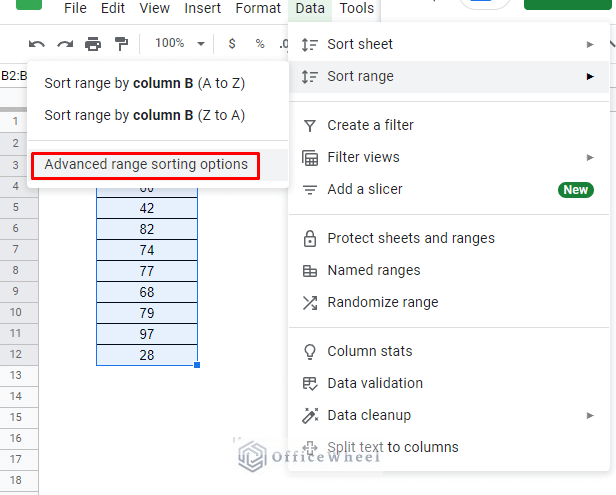 navigating to advanced range sorting options