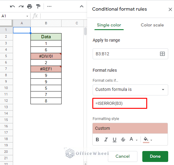 highlighting errors using conditional formatting