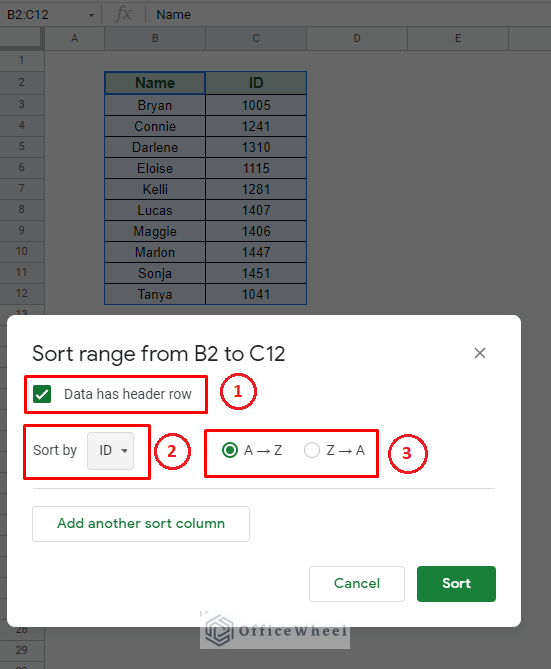 advanced sort range window with different options