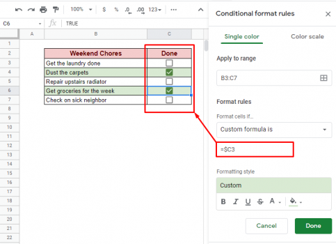 Conditional Formatting with Checkbox in Google Sheets