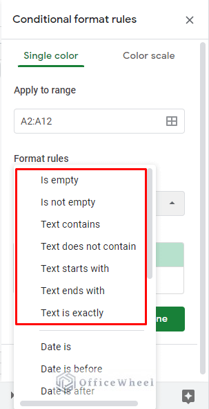 the default text conditions of conditional formatting