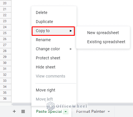 right-clicking over the sheet name to open the menu to find copy to option