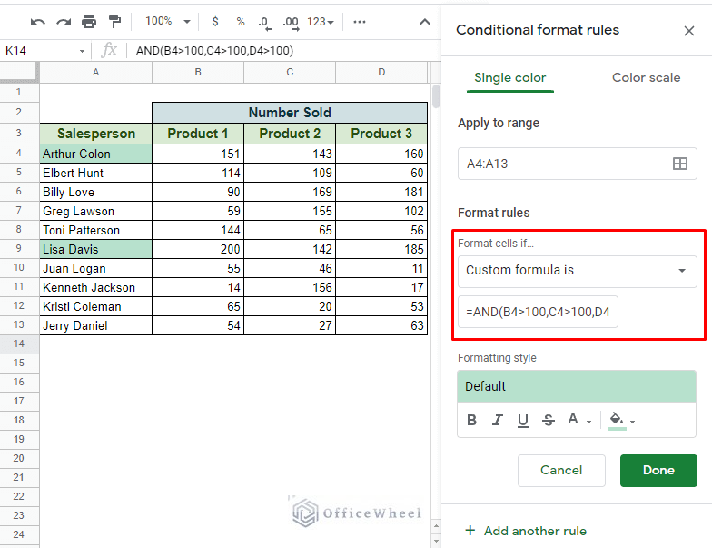 conditional formatting with multiple conditions using and function