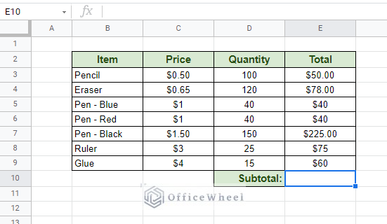 table to calculate subtotal