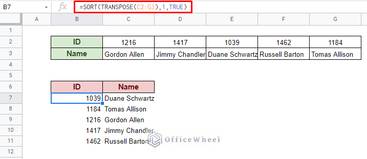 using transpose function to help sort function work with horizontal tables