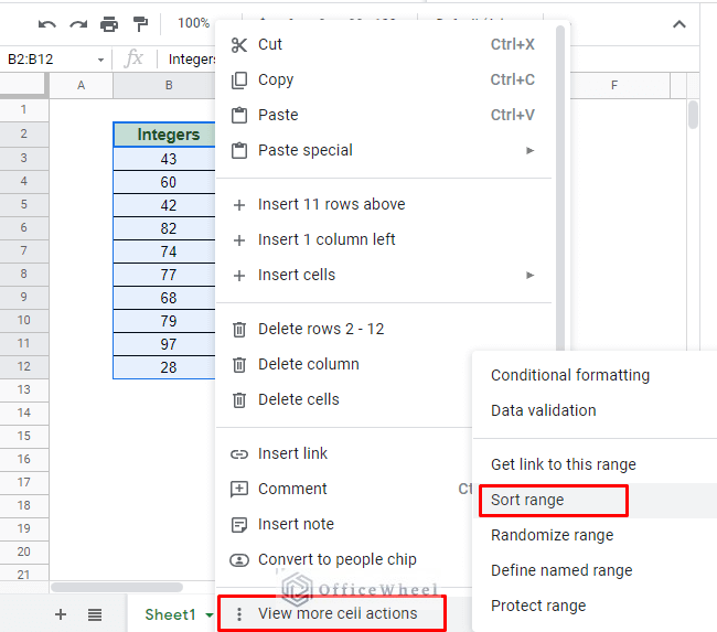 navigating to sort range window by right-clicking