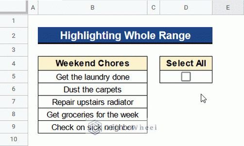 Outcome of Highlighting Whole Range by Using Conditional Formatting with Checkbox in Google Sheets