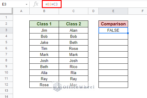 using comparison operator to compare two columns for duplicates in google sheets