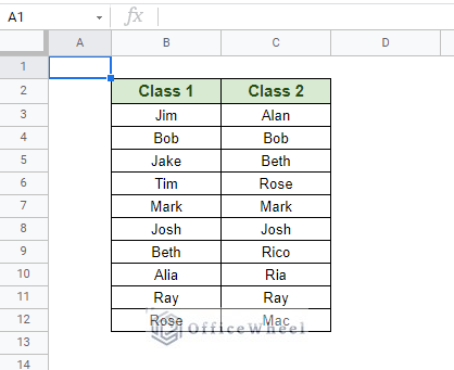dataset to compare two columns with conditional formatting in google sheets