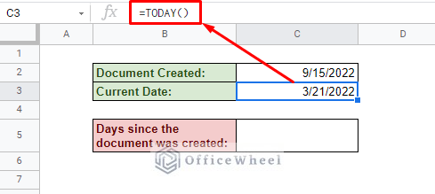 using the today function to find the current date to count days from today in google sheets