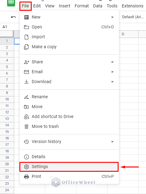 navigating to settings to format date in google sheets