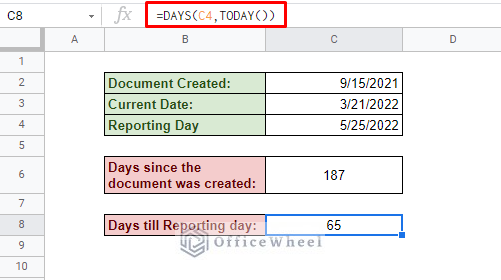 using the days function to count the days from today in google sheets