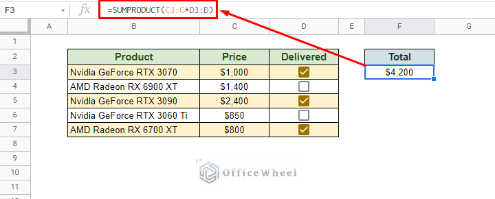 using the sumproduct function in google sheets to sum if checked