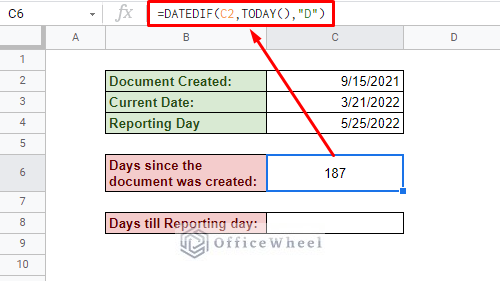 using the datedif function to count the days to today