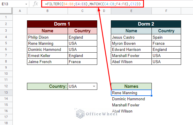 using filter and match combination to match multiple columns in google sheets
