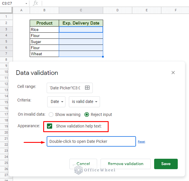 data validation message prompt for the date picker