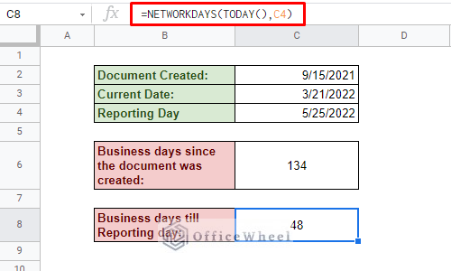 using networkdays to count the business days from today in google sheets