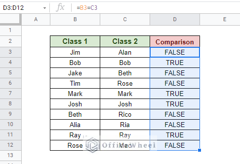 testing exact row match between two columns in google sheets