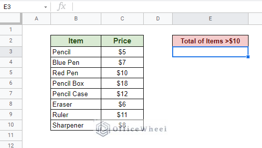 dataset for conditional sum in google sheets
