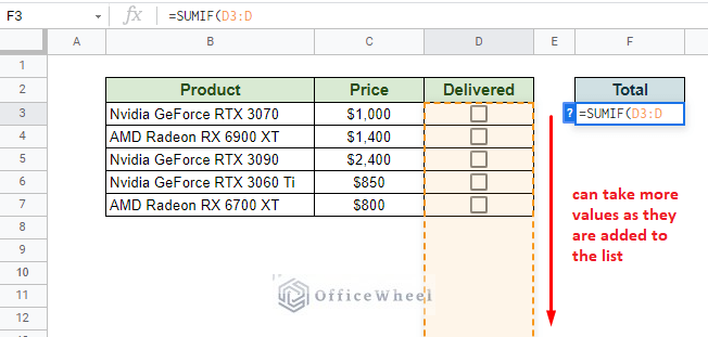 inputting the criterion range to the sumif function