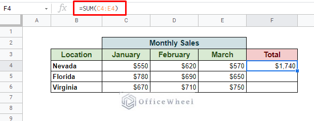using the sum function on a row of data